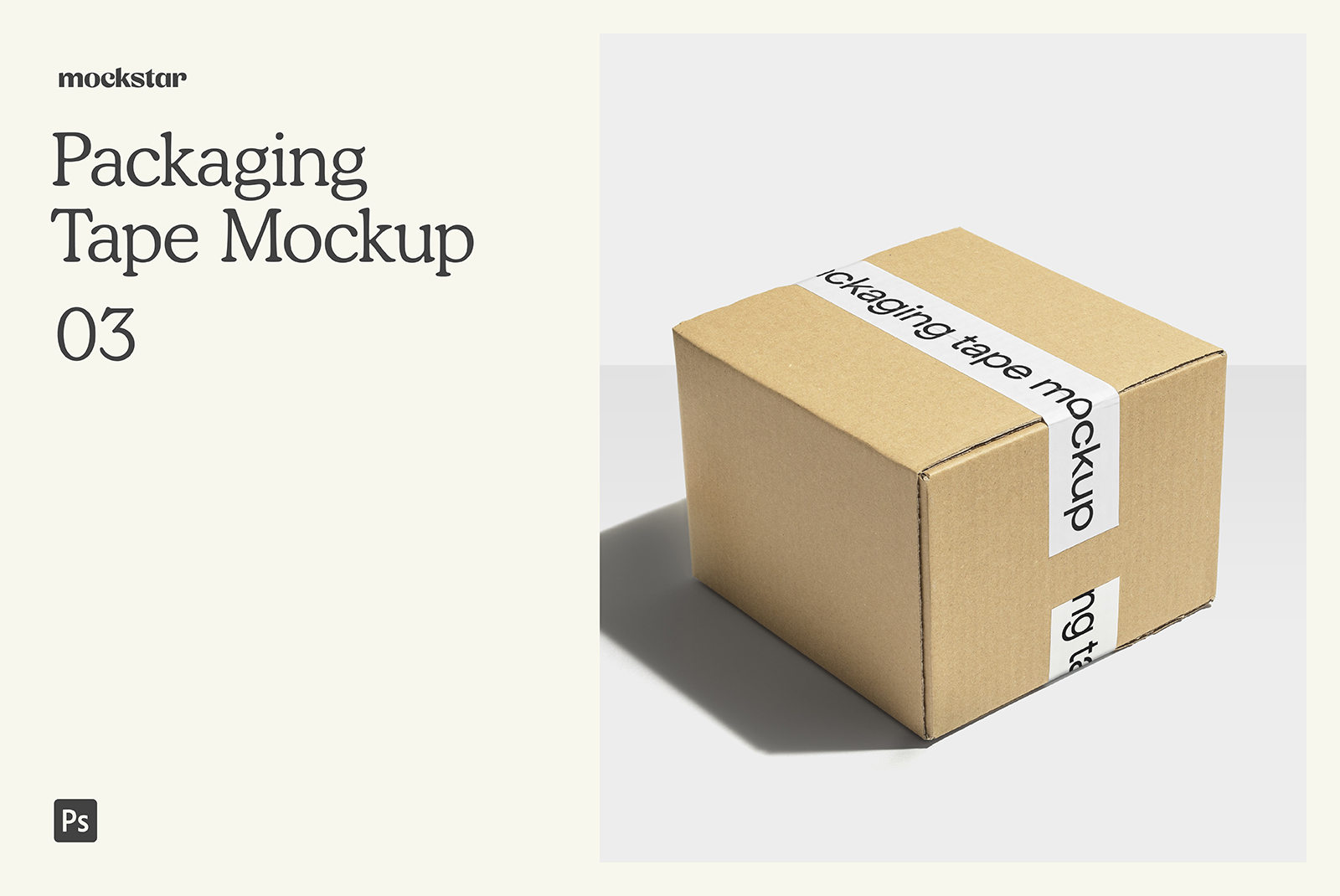 Cardboard box with customizable packaging tape design mockup in natural light, ideal for presenting branding projects for designers.